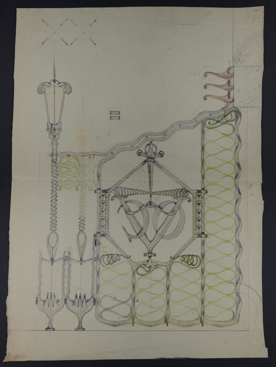 Ontwerptekening van een smeedijzeren hekwerk met het vignet ‘AOC’ van de Amsterdamse Kamer van de Verenigde Oostindische Compagnie