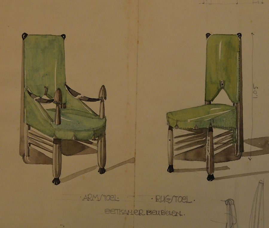 Een perspectivische schets door De Klerk van twee types stoelen